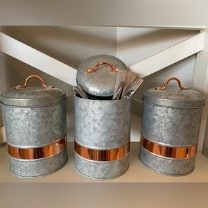 Galvanized Metal Canister Set with Copper Accents and Lids
